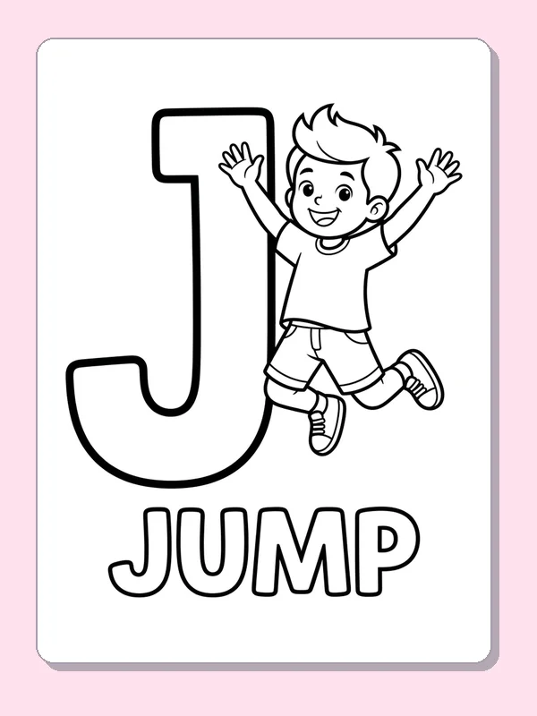 A smiling child jumps with arms raised beside a large J, connecting the printed action word to a body movement
