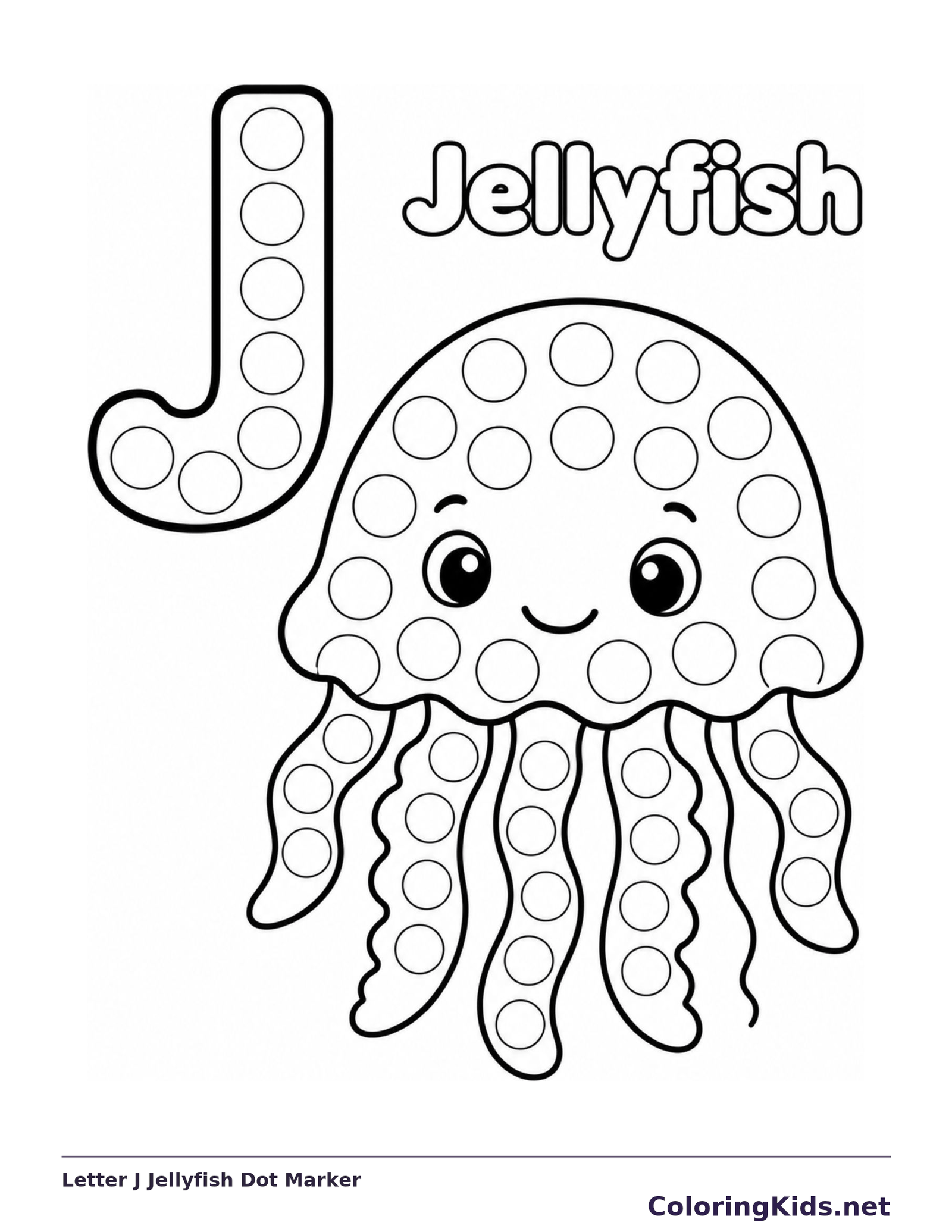 A smiling jellyfish and large J are filled with blank circles for dot markers or crayons; the word Jellyfish is outlined above