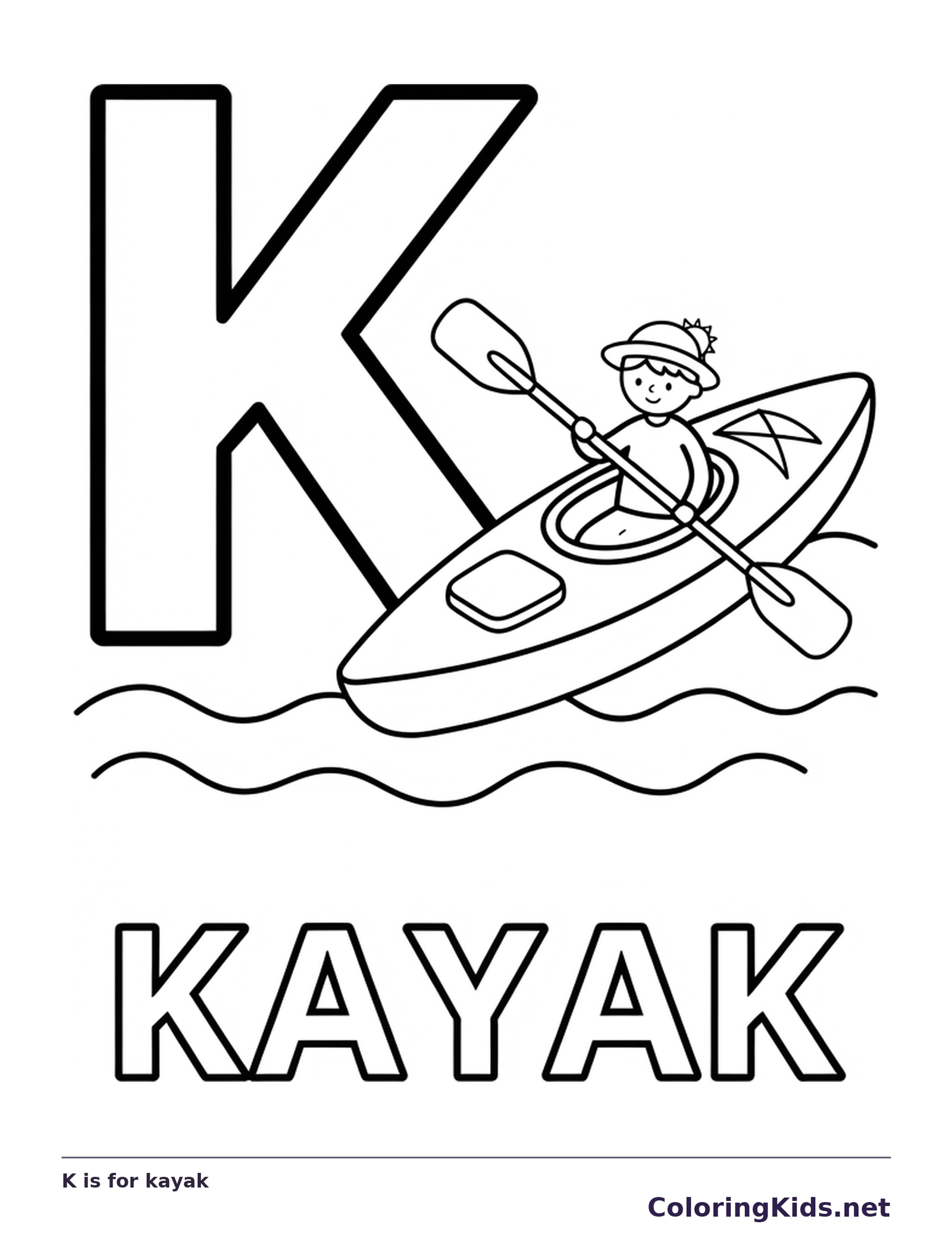 A child paddles a kayak on wavy water beside K, offering the boat, paddle and water as three coloring areas