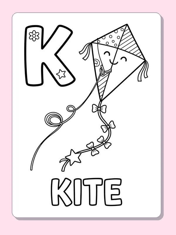 A smiling diamond kite rises beside an outlined K, with a bow-trimmed tail and open panels for a repeating color pattern