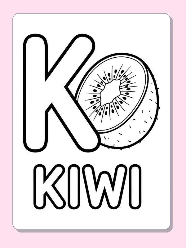A sliced kiwi fruit sits beside K, with a ring of seeds and a central star-like core to notice