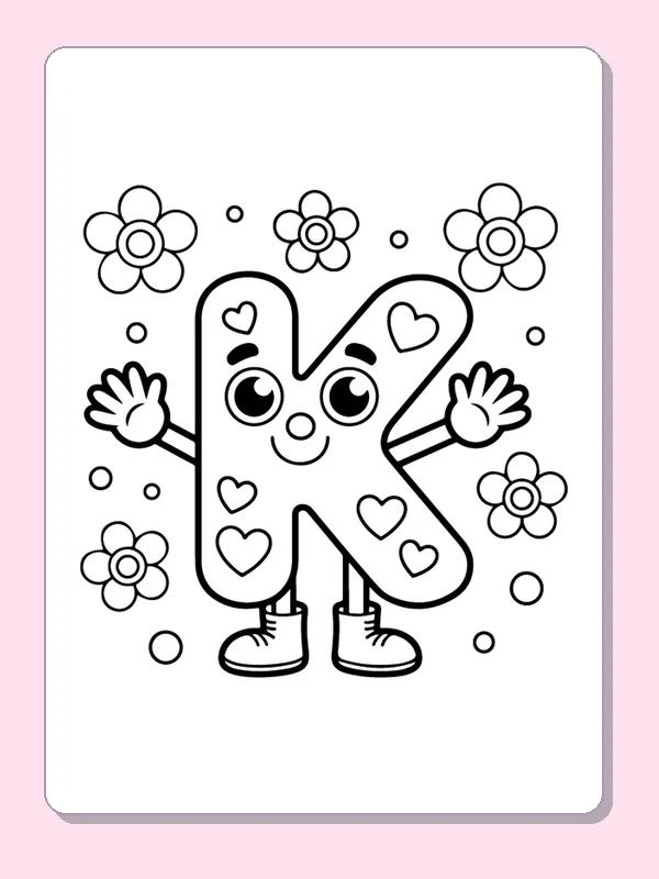 Smiling K character with hearts, flowers, waving hands and shoes