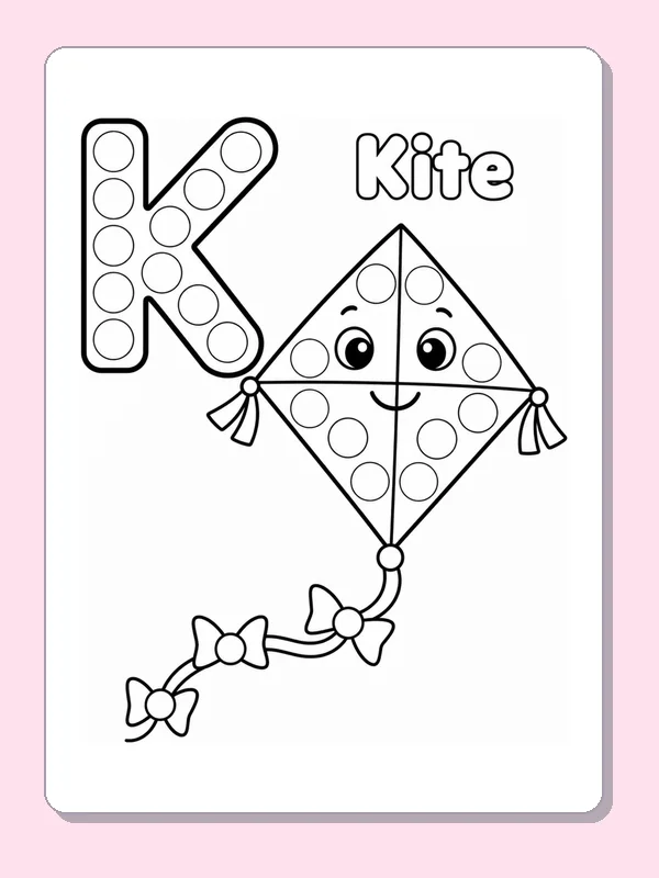 A smiling kite and large K contain blank circles for dot markers or crayons, with an outlined Kite label and bow tail