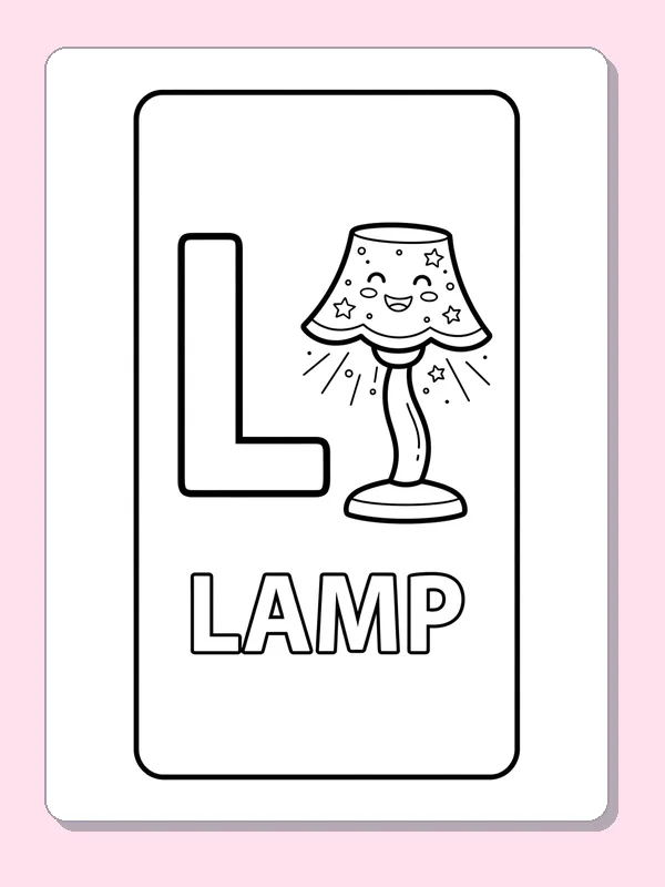 A smiling table lamp shines beside L on a framed sheet, with small star details on its shade