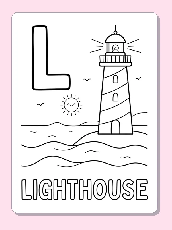 A striped lighthouse stands by the sea beside L, with waves, birds and a small sun to finish