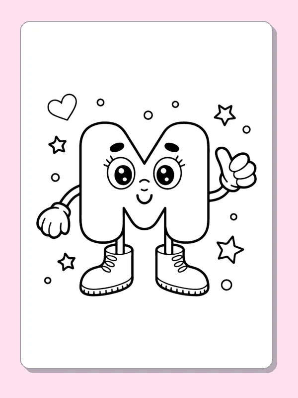 Winking M character giving thumbs-up amid stars and hearts