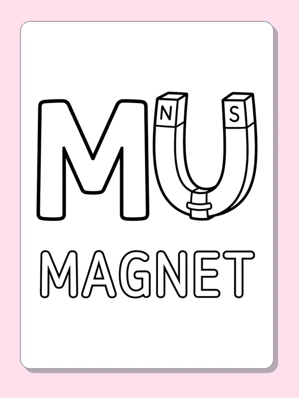 A horseshoe magnet marked N and S sits beside M, with open letter and magnet outlines to color
