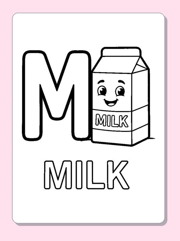 A smiling milk carton stands beside a large M, with an outlined MILK label, folded top and roomy front panel