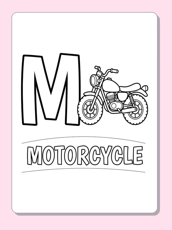 A motorcycle with visible wheels and engine stands beside M, giving many small mechanical details