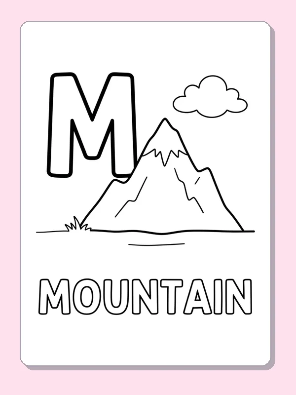 Two mountain peaks rise beside M under a small cloud, with broad slopes for long crayon strokes