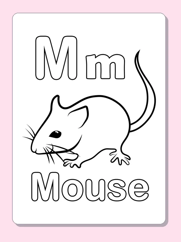 A long-tailed mouse sits below uppercase and lowercase M, with broad back and finer whisker details