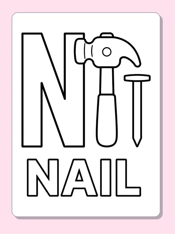 A hammer and two metal nails sit beside N, offering simple tool outlines on a mostly open page