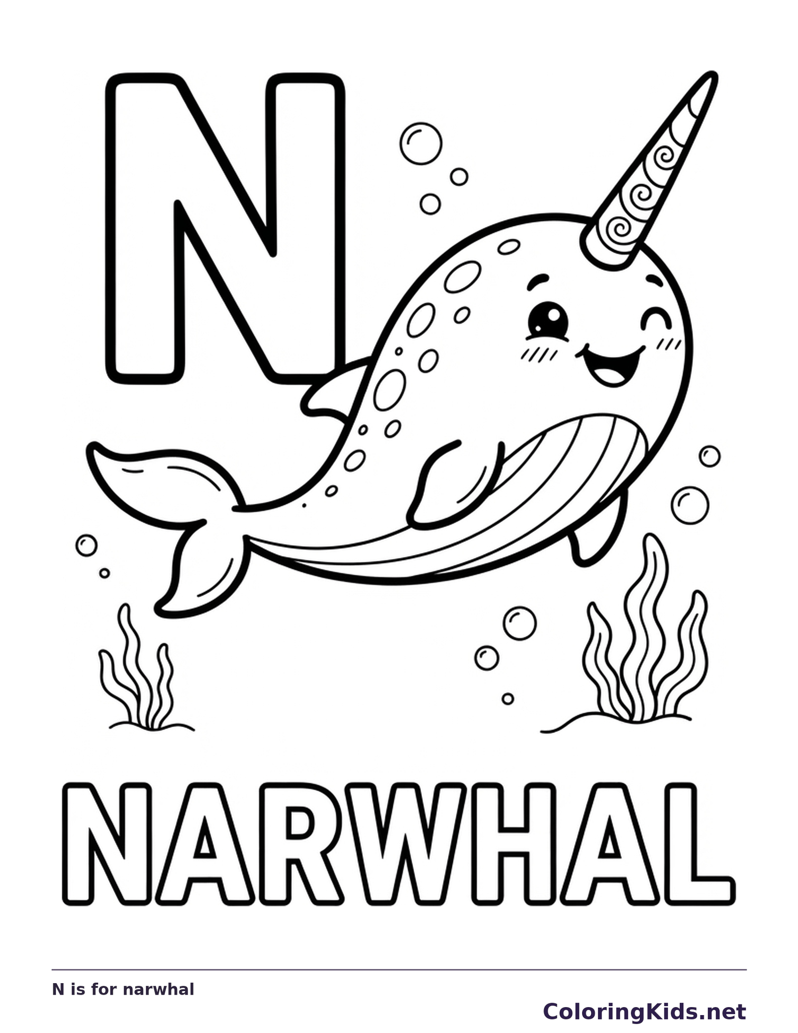 A smiling narwhal swims beside a large N, with a spiral tusk, bubbles and sea plants to color
