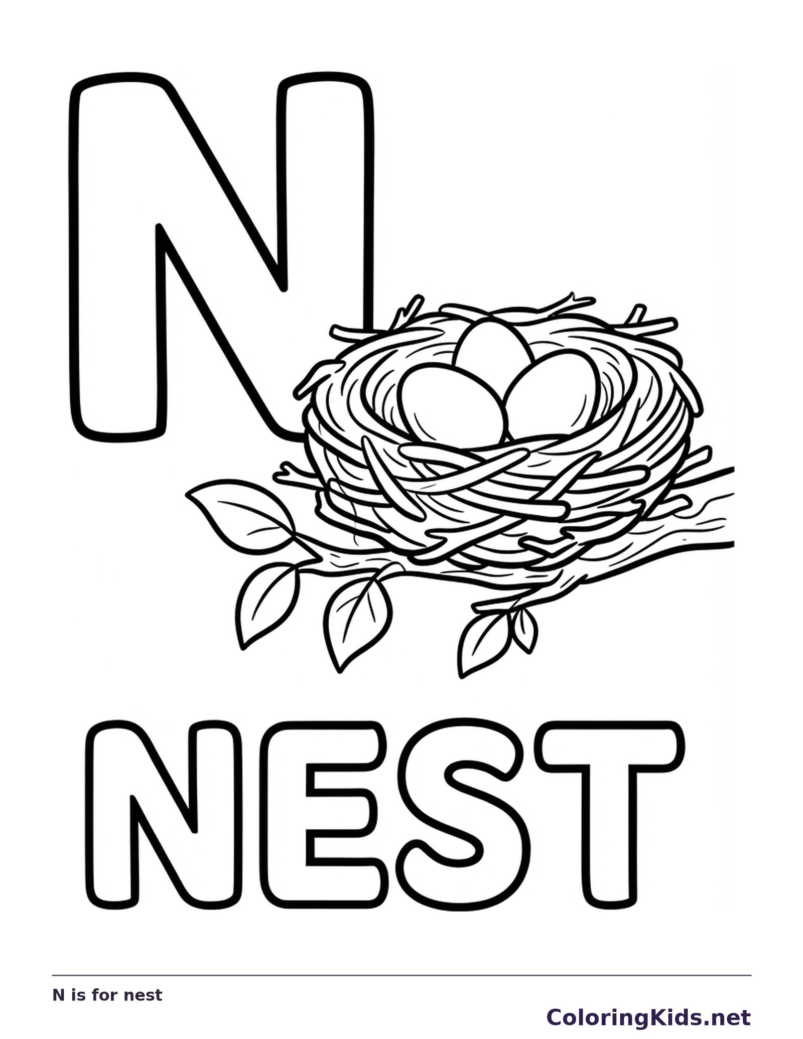 Three eggs rest in a woven nest beside N, with leaves and many short twig lines around them