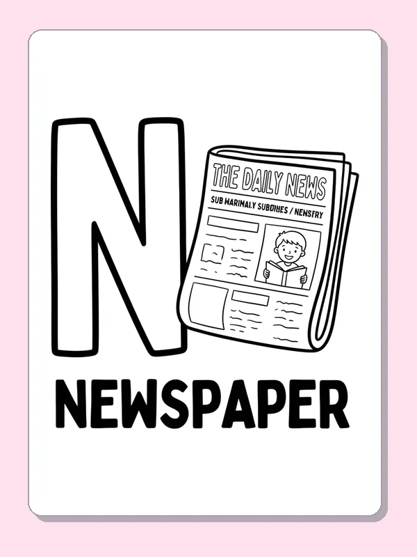 A folded newspaper sits beside N, showing a cartoon portrait and tiny unreadable lines rather than a real news story