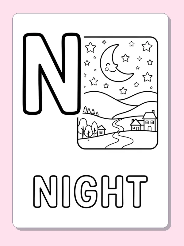 A framed night landscape sits beside N, with a crescent moon, stars, houses and a winding path