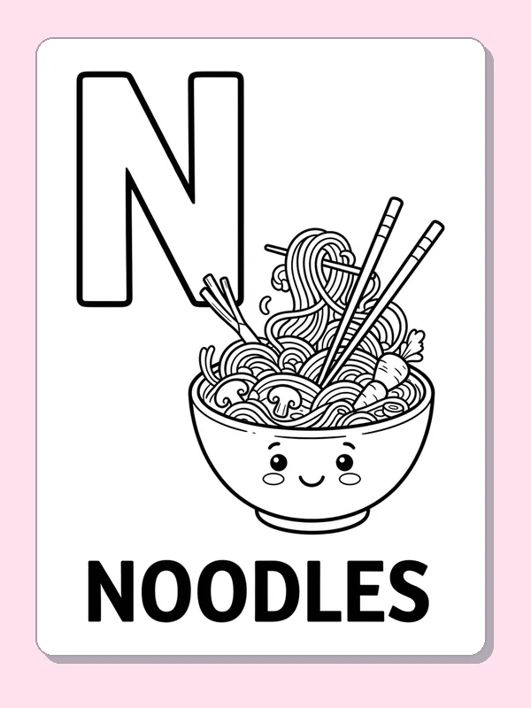 A smiling bowl of noodles sits next to N, with chopsticks and many curled strands to follow
