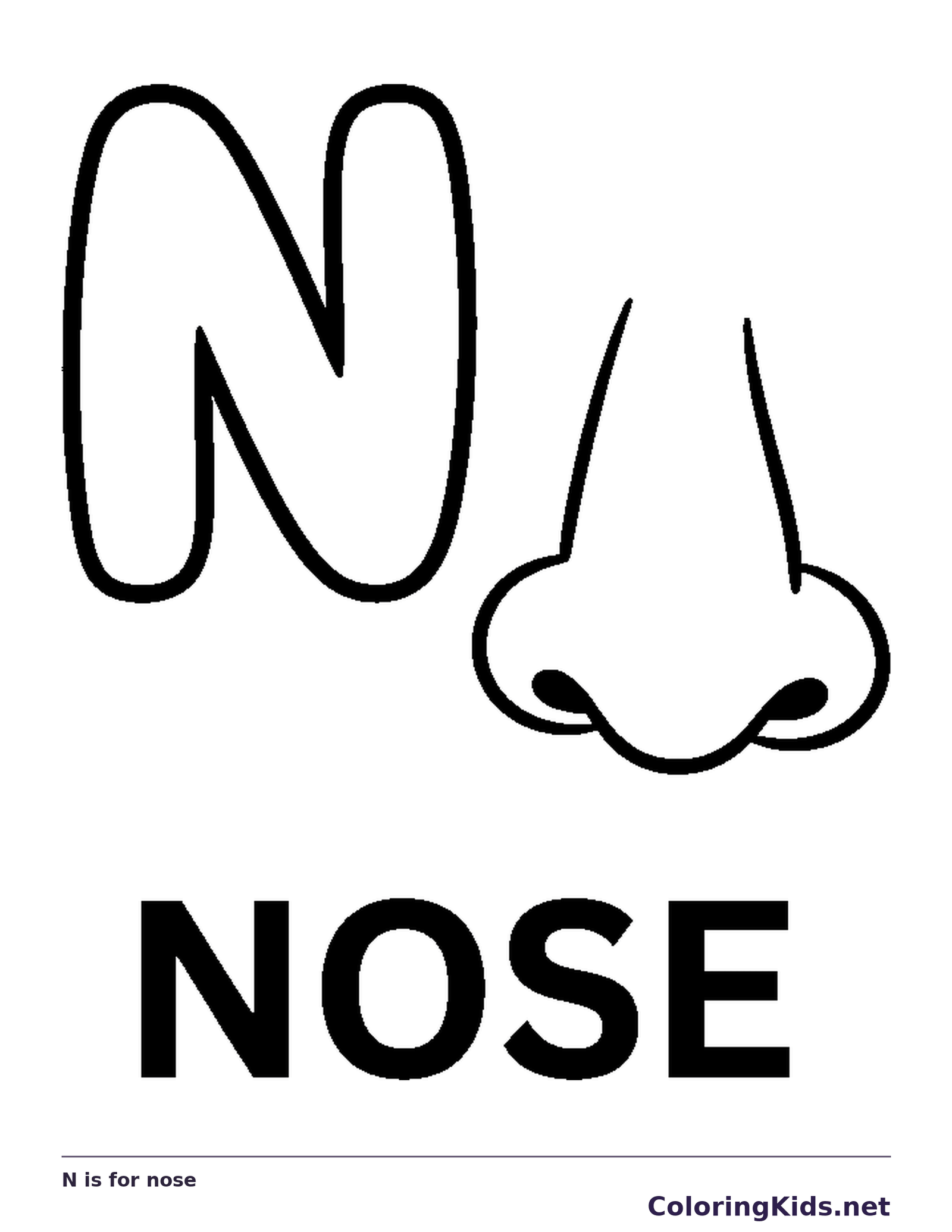 A simple front-facing nose sits beside a large N above a bold NOSE word label, leaving broad open shapes