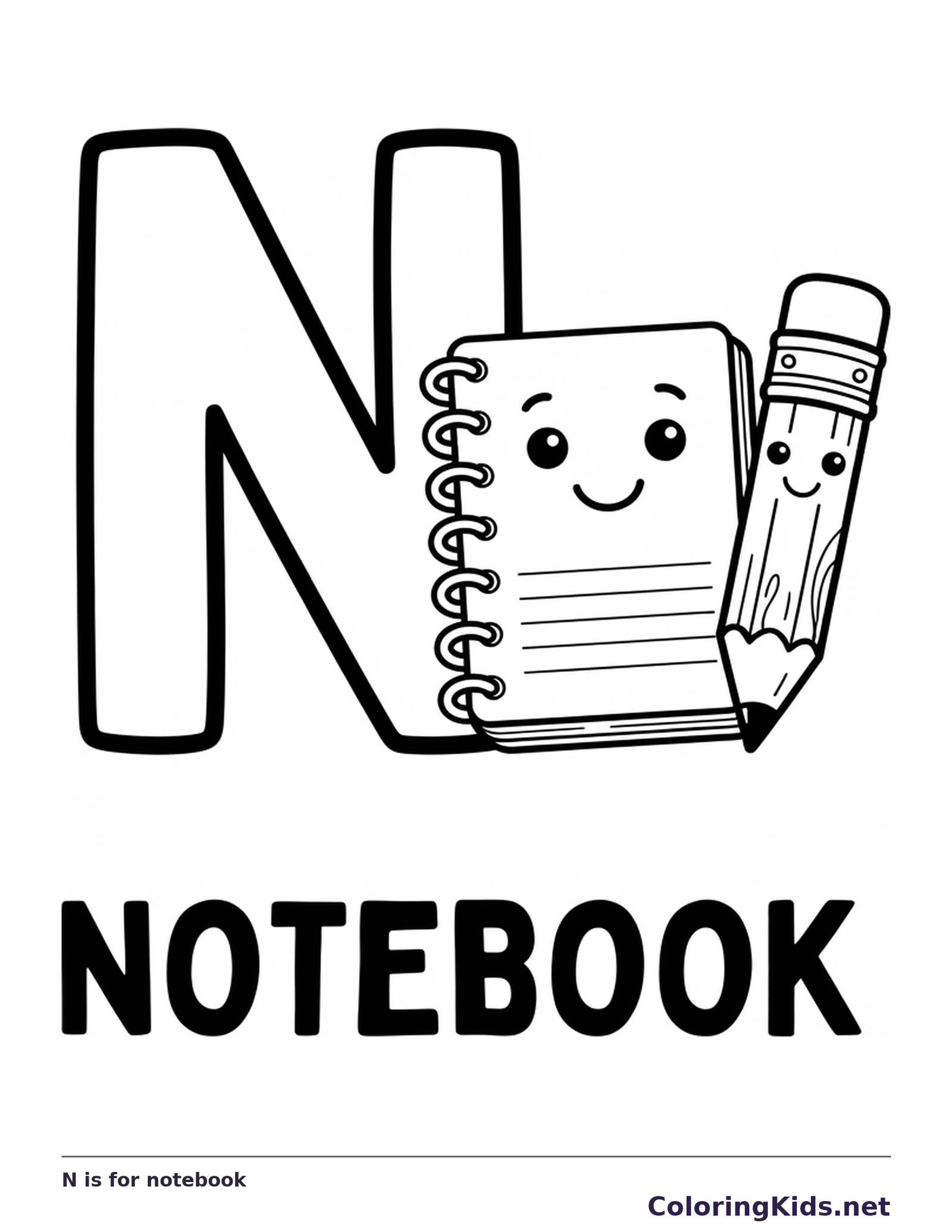 A smiling spiral notebook and pencil sit beside a large N, with ruled lines across the notebook page