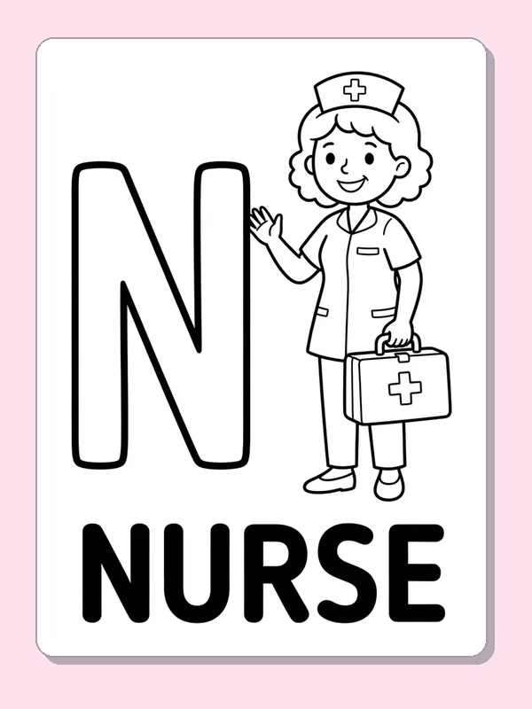 A uniformed nurse carries a medical case beside N; color the clothes, cap and case without naming a real organization
