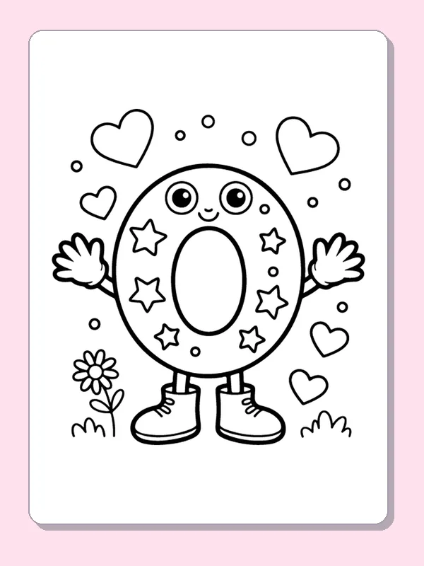 Round O character with body stars, flowers, hearts and waving hands