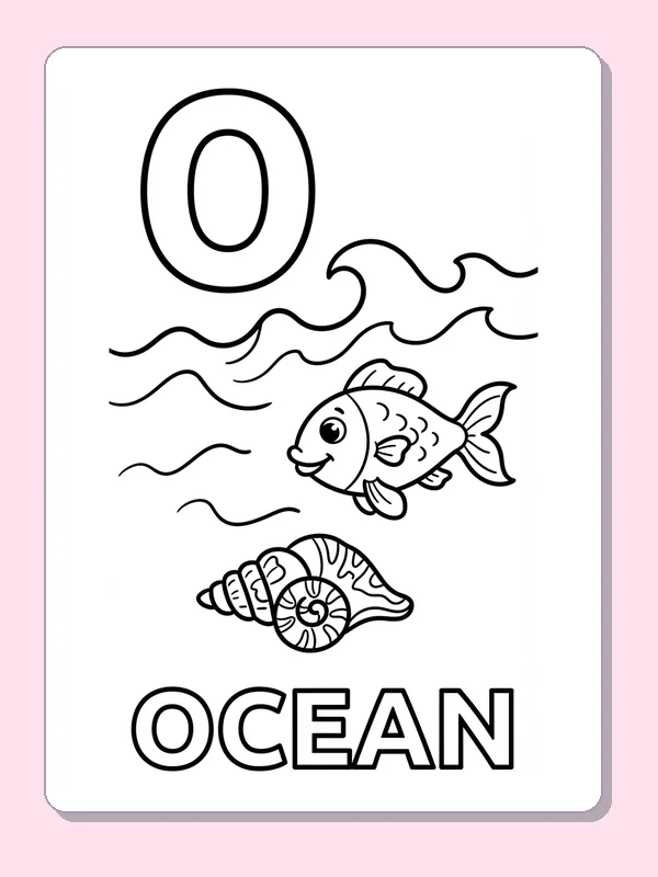 A fish and shell sit beneath rolling ocean waves beside O, with several curved water bands to color