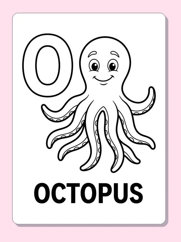 A smiling octopus spreads curling arms beside O, with open spaces around its face and arms