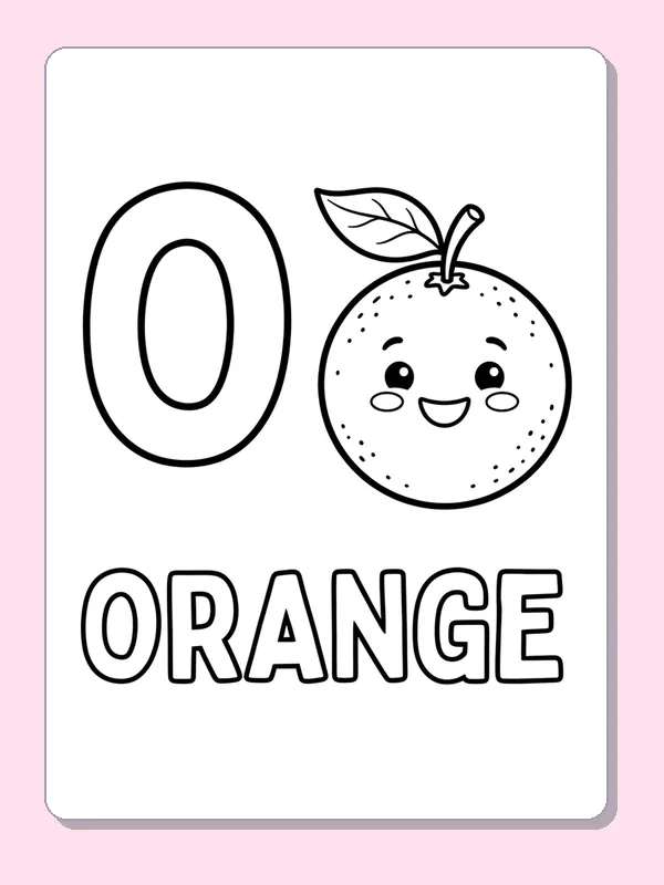 A smiling orange with a leaf sits beside O, leaving a broad round fruit shape and printed word outline