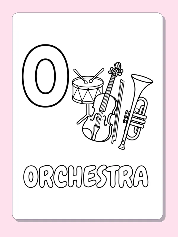 A drum, violin, trumpet and other instruments sit beside O, making a detailed music-themed page