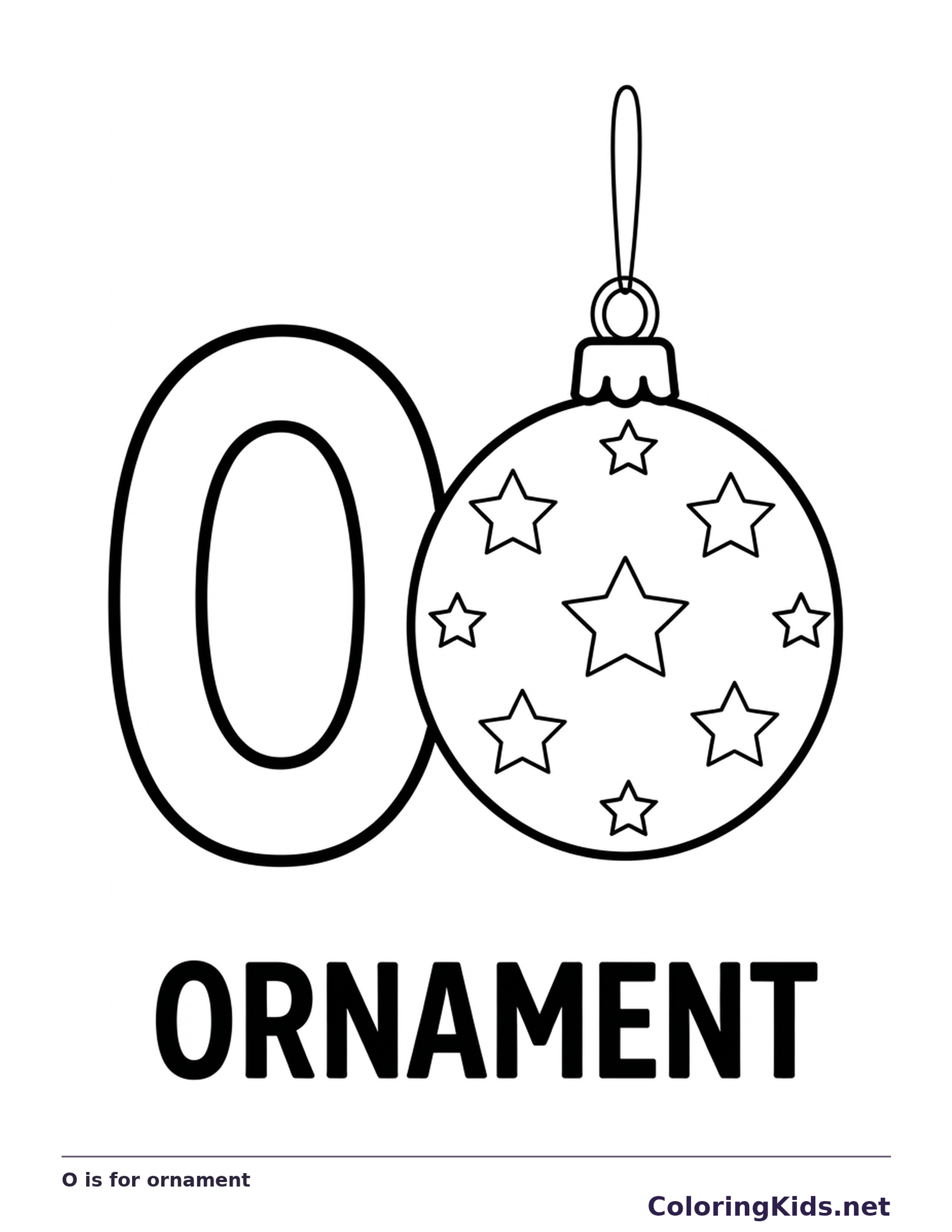 A star-covered hanging ornament sits beside a large outlined O, with repeated stars, a ribbon loop and round bauble shape