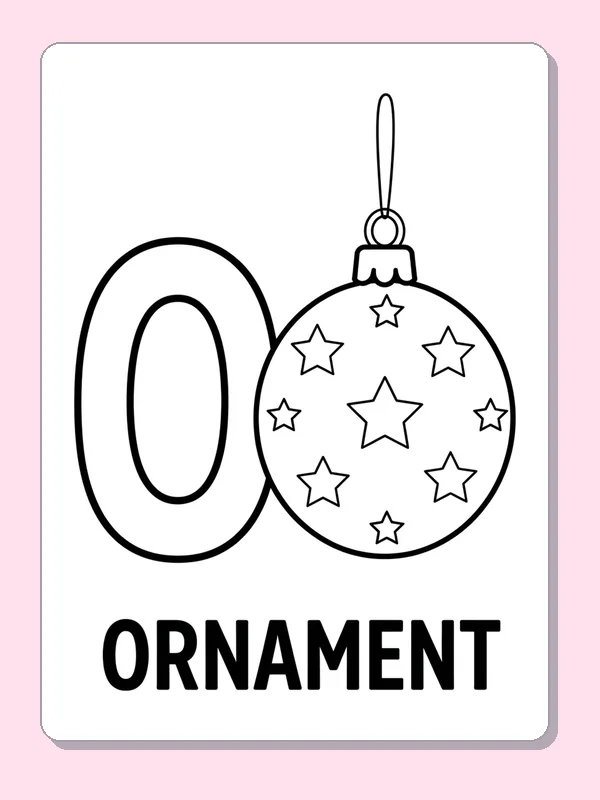 A star-covered hanging ornament sits beside a large outlined O, with repeated stars, a ribbon loop and round bauble shape