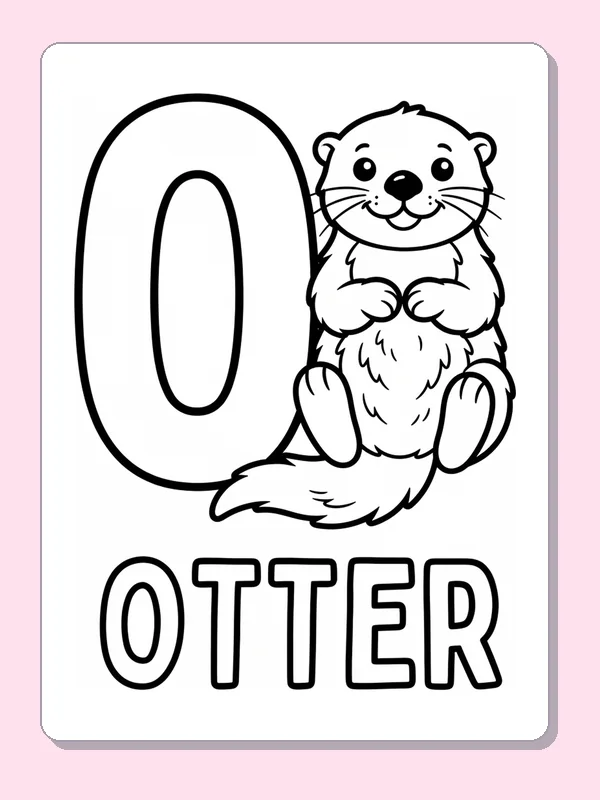 A seated otter with whiskers and a fluffy tail sits beside O, ready for a simple warm-color palette