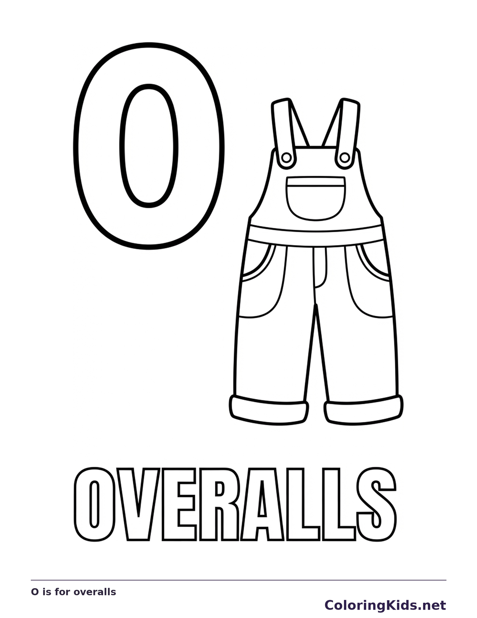 A pair of bib overalls sits beside O, with straps, pockets and leg seams to color
