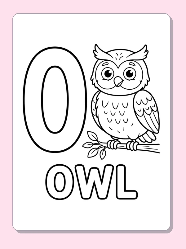A wide-eyed owl perches on a leafy branch beside a large O, with rows of feather shapes to color