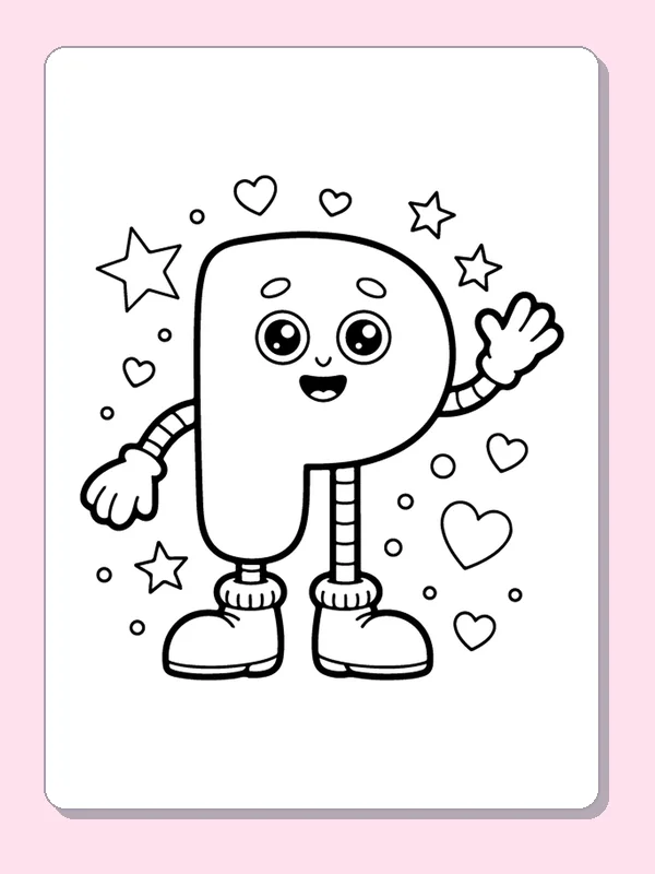Waving P character with striped stem, stars, hearts and shoes