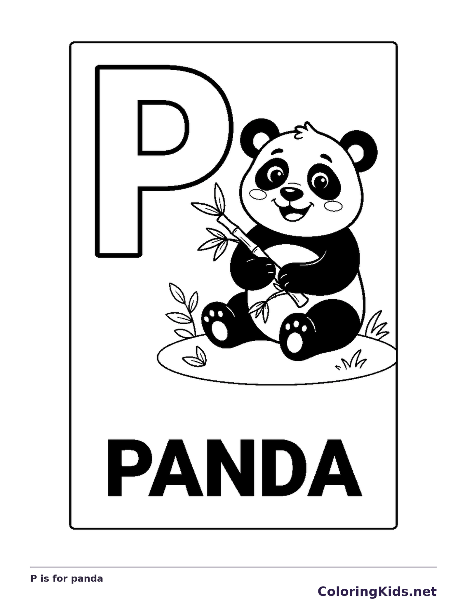 A panda holds a bamboo sprig beside a large P, with ears, paws and leafy shapes inside a framed sheet