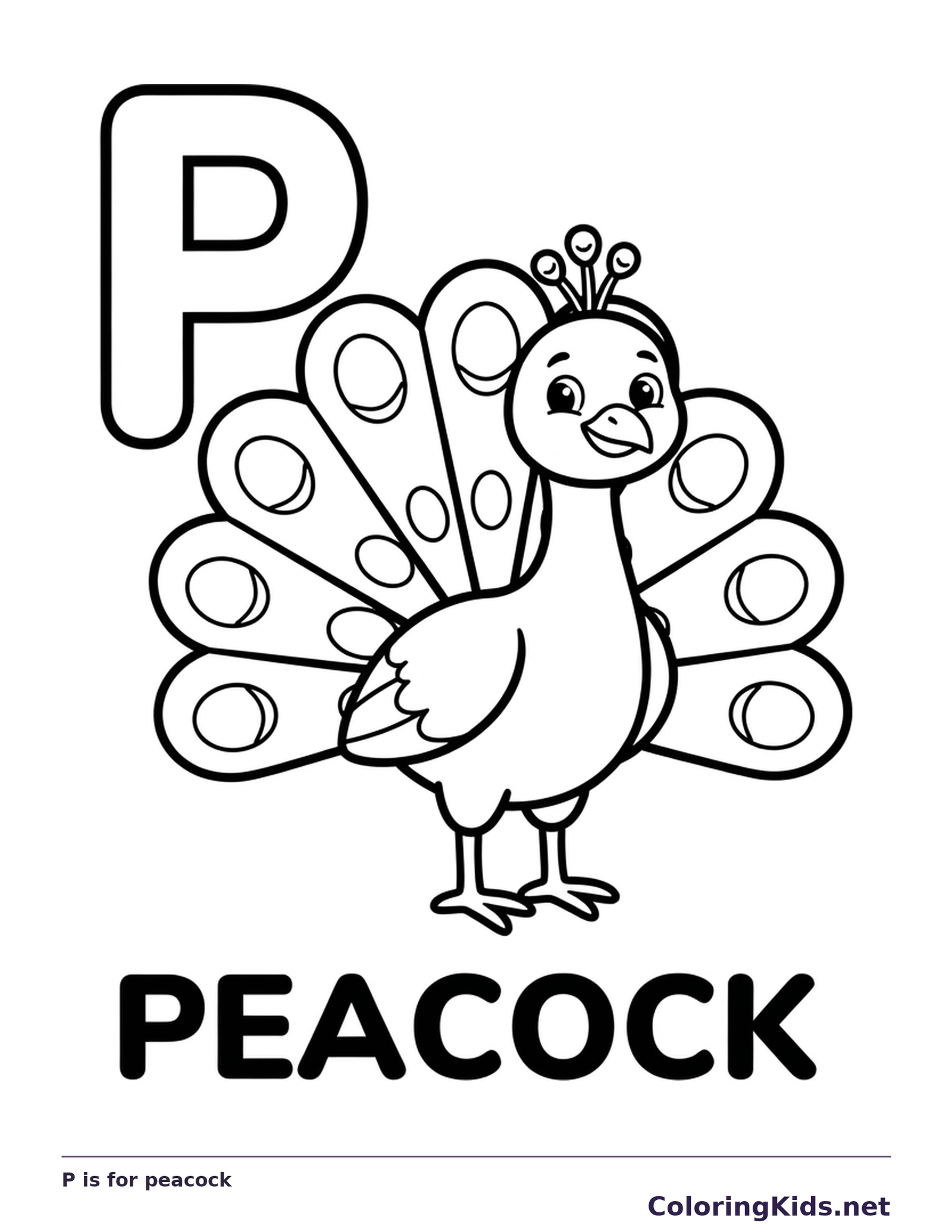 A cartoon peacock spreads a tail of repeated eye-shaped feathers beside P, giving many small spaces
