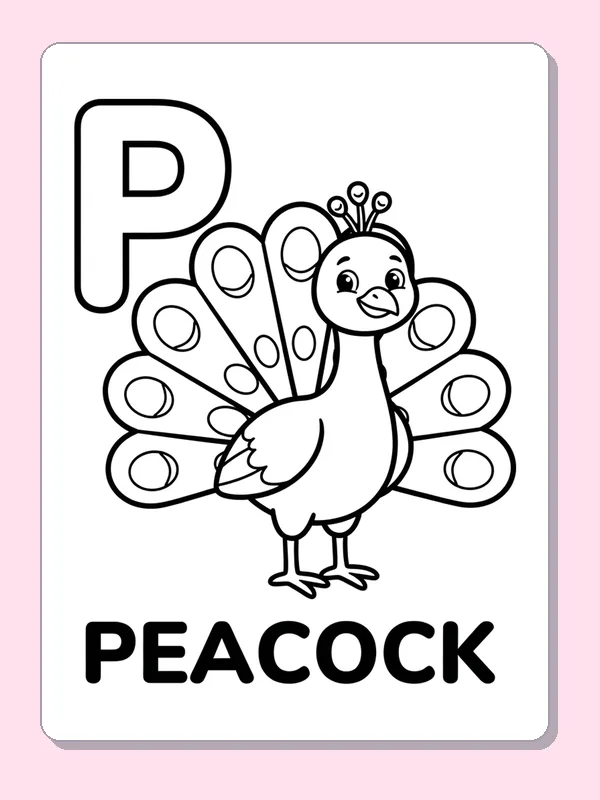 A cartoon peacock spreads a tail of repeated eye-shaped feathers beside P, giving many small spaces