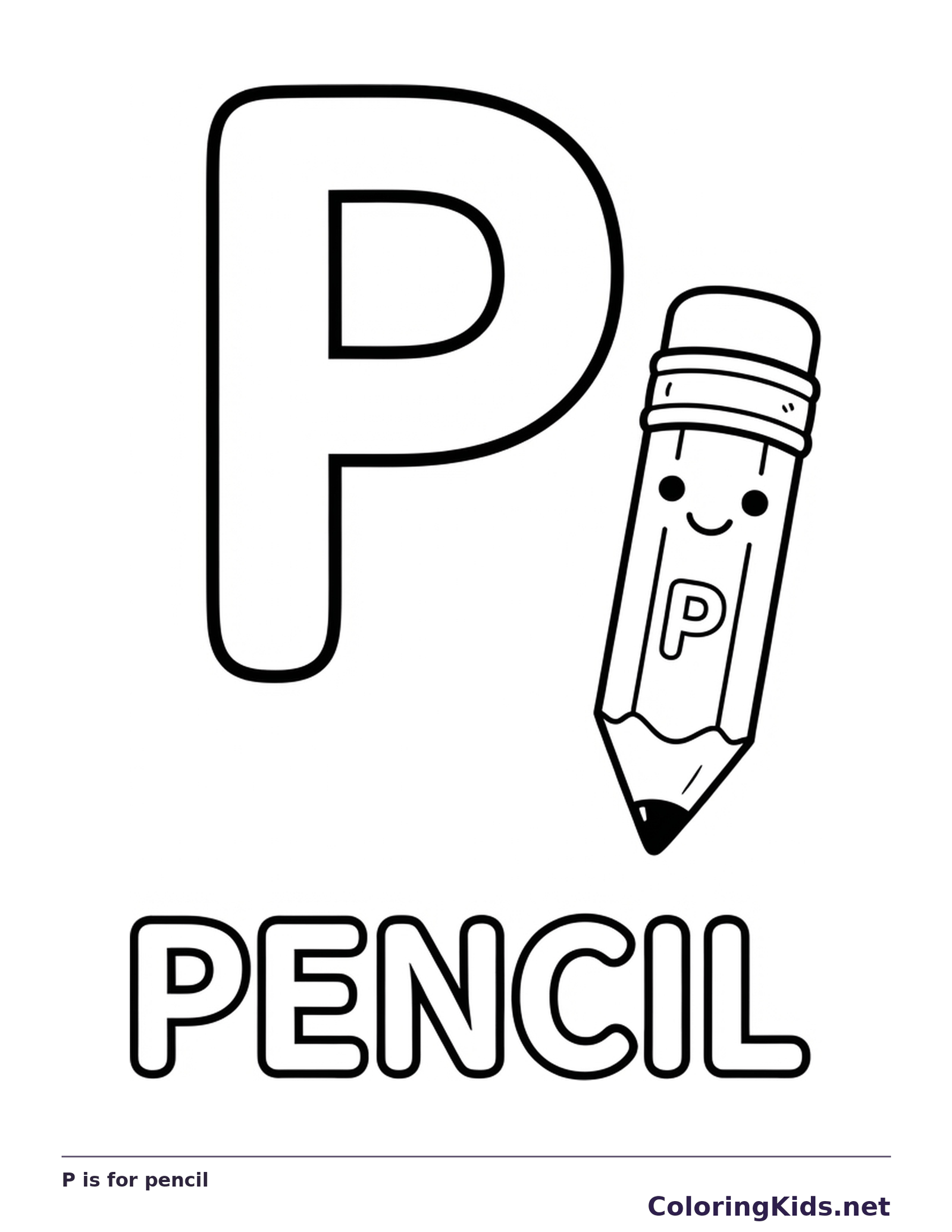 A smiling pencil stands beside a large outlined P, with eraser, body and sharp tip to fill