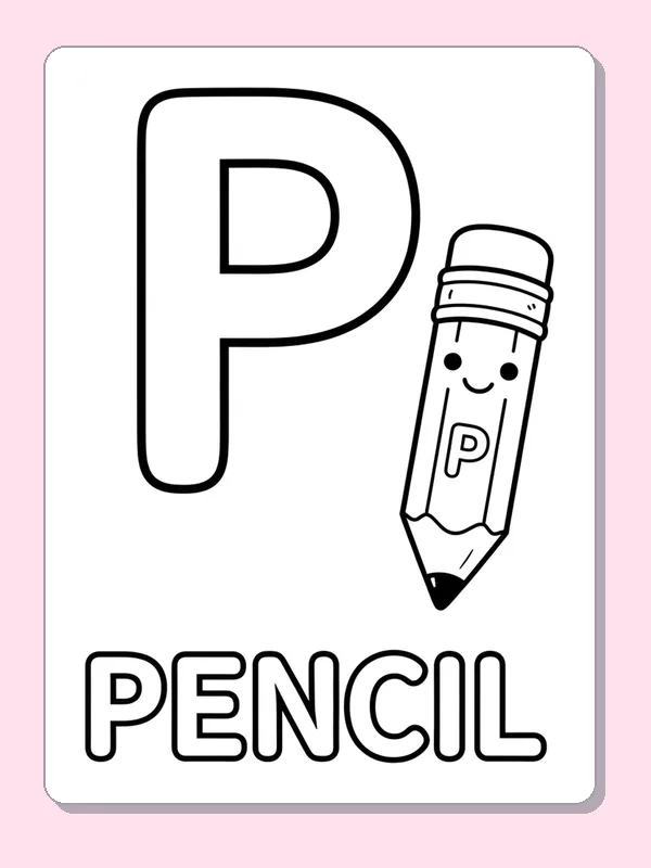 A smiling pencil stands beside a large outlined P, with eraser, body and sharp tip to fill