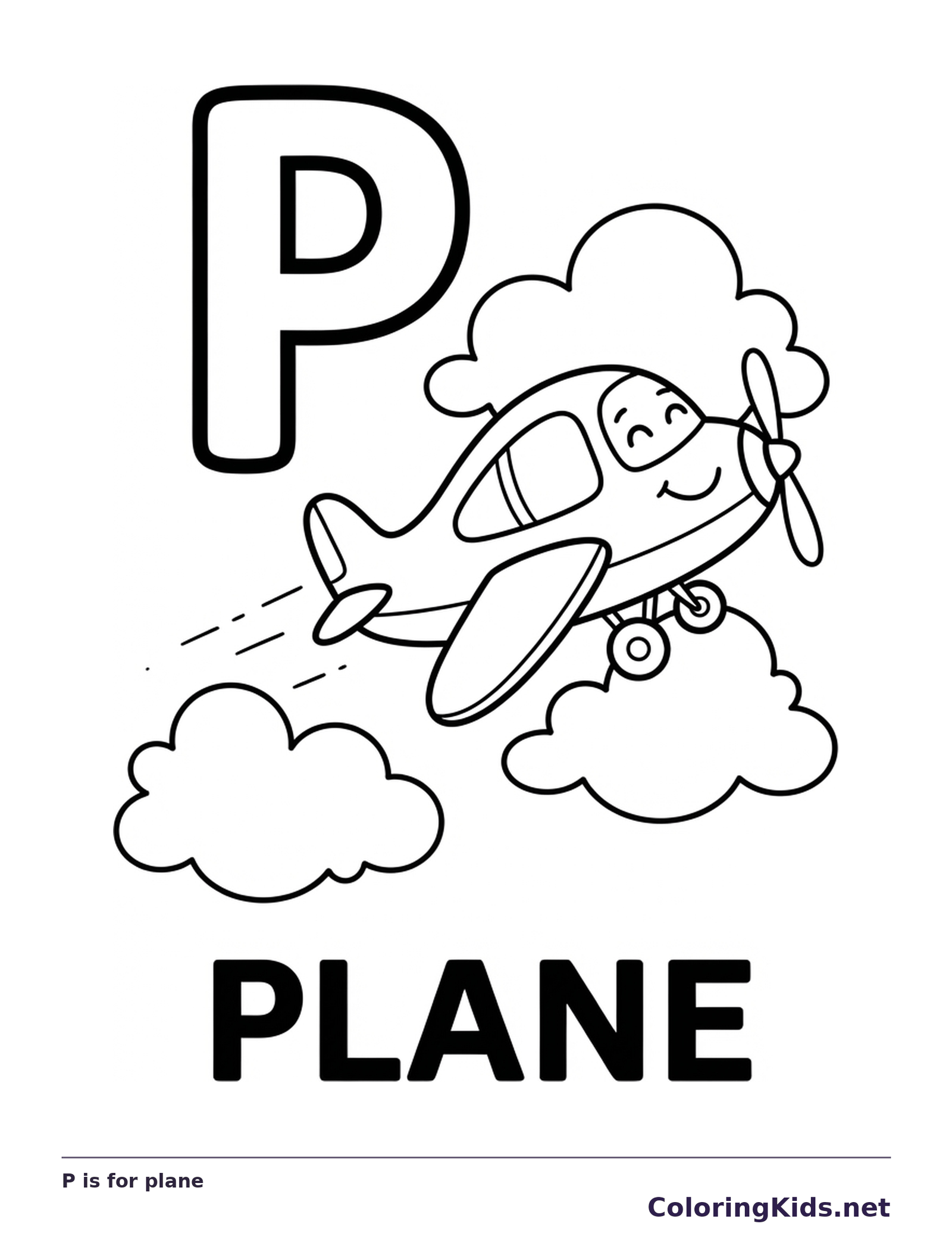 A smiling propeller plane flies between clouds beside P, with wings, wheels and blades to color