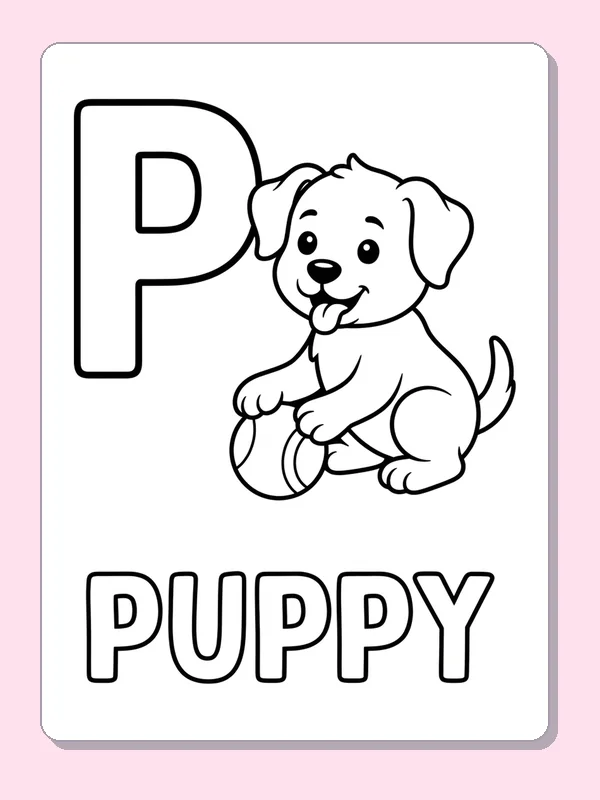 A floppy-eared puppy sits beside a large outlined P, with paws, tongue, soft fur and a collar to notice