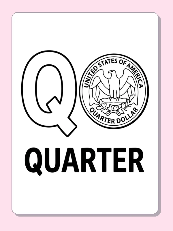 An outlined Q stands beside a U.S. quarter with a small eagle seal and the word QUARTER below