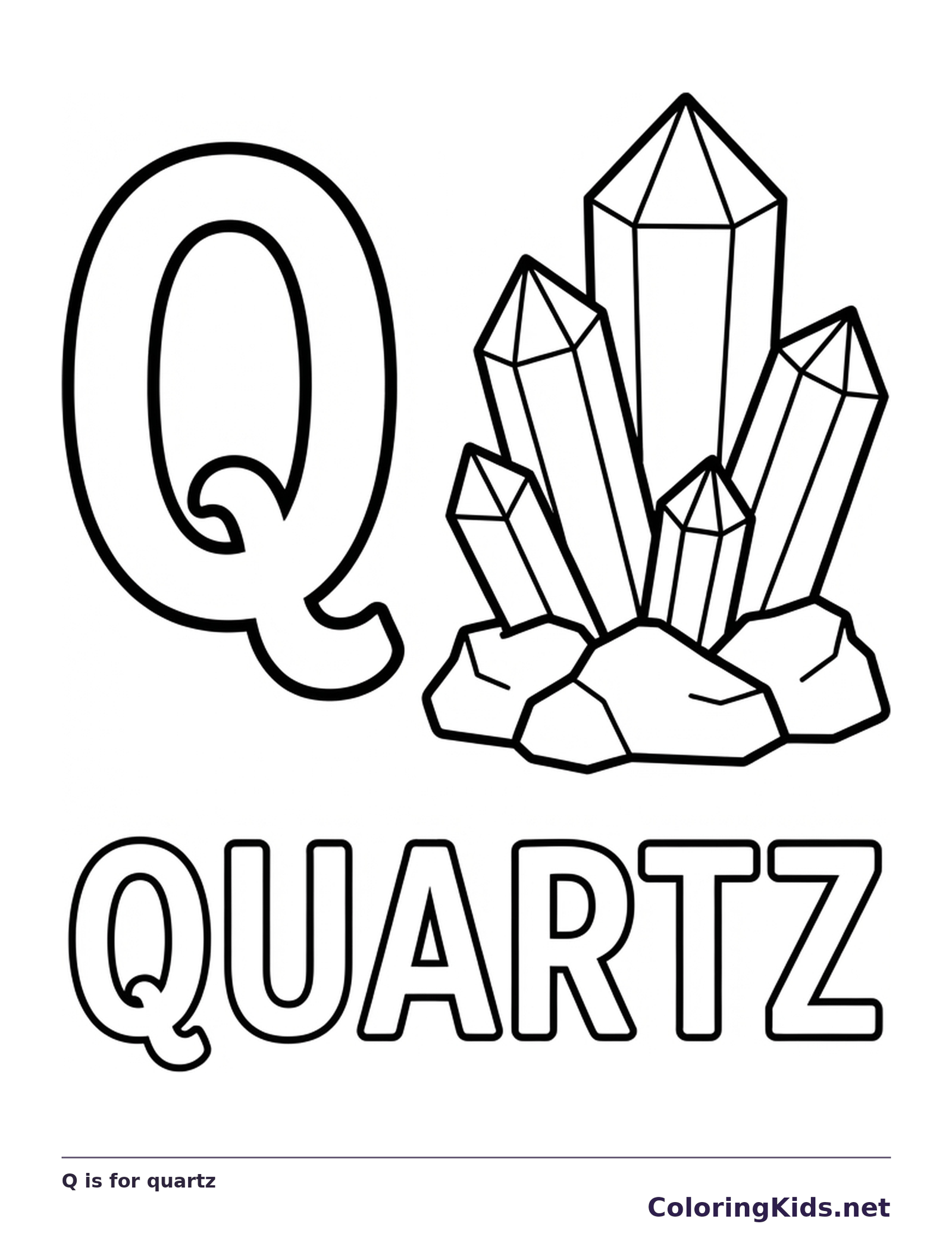 Pointed quartz crystals rise beside Q while the outlined word QUARTZ gives another set of shapes to fill