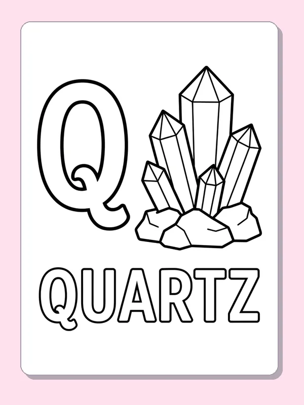 Pointed quartz crystals rise beside Q while the outlined word QUARTZ gives another set of shapes to fill