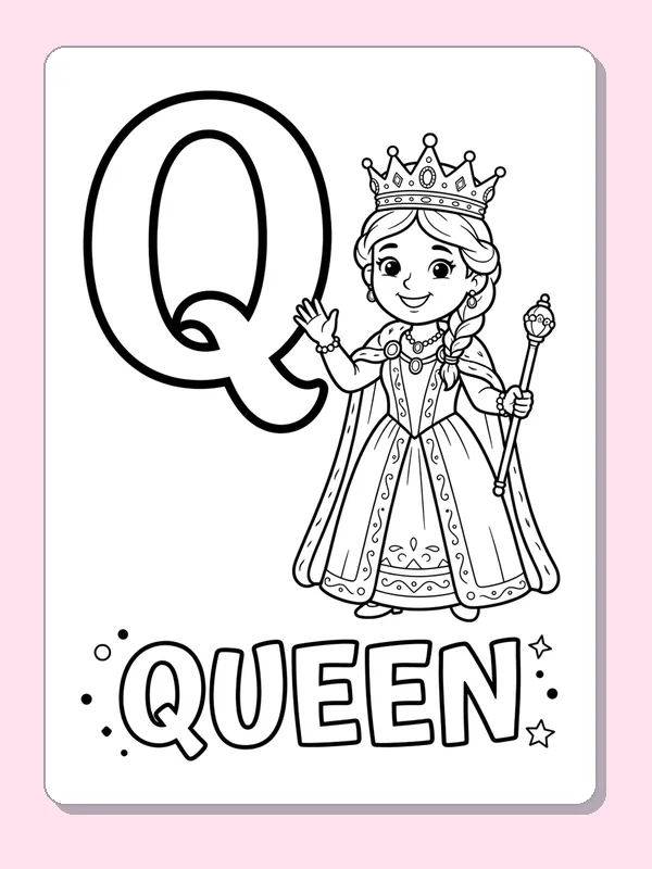 A crowned queen holds a scepter beside a tall outlined Q; the small dress patterns offer a more detailed coloring choice