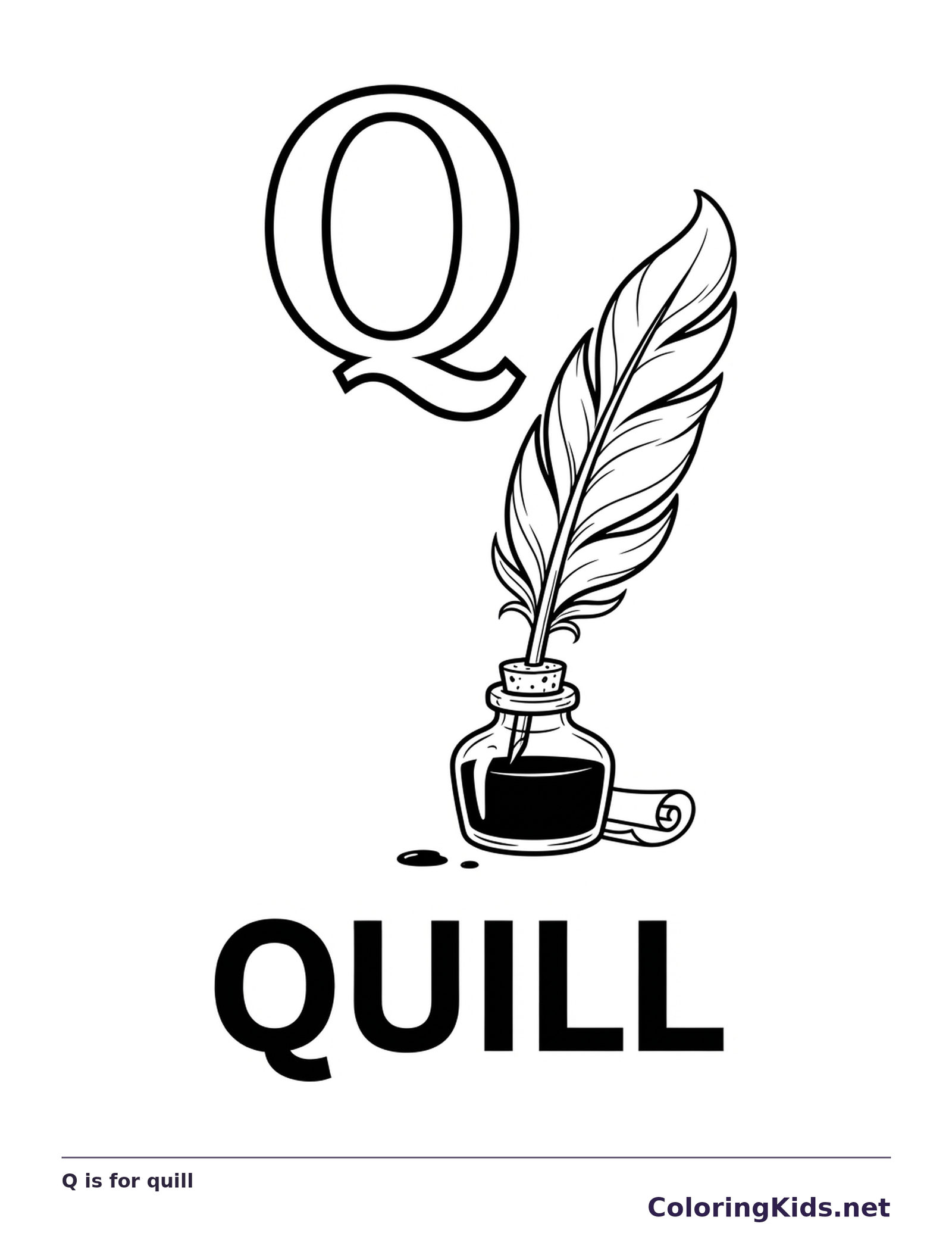 A feather quill rests in an ink bottle beside Q, with layered feather sections that reward careful coloring
