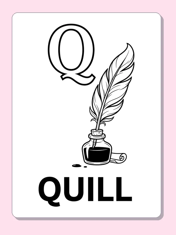 A feather quill rests in an ink bottle beside Q, with layered feather sections that reward careful coloring