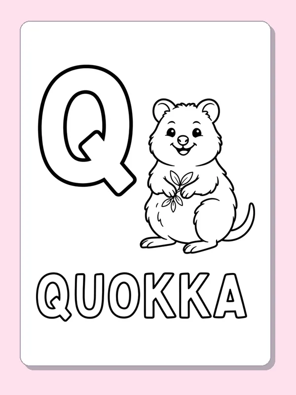 A small smiling quokka sits beside Q with its paws together and an outlined QUOKKA word below