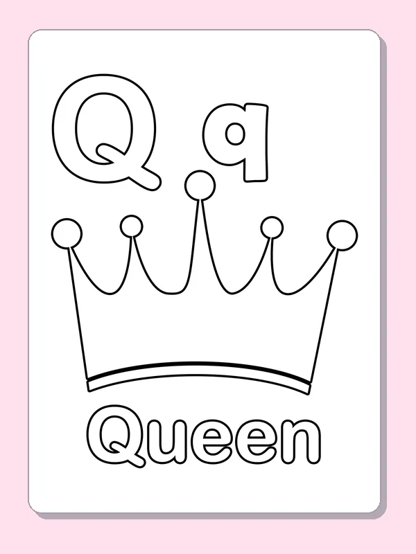 A five-point crown sits below uppercase and lowercase Q, with the outlined word Queen for coloring